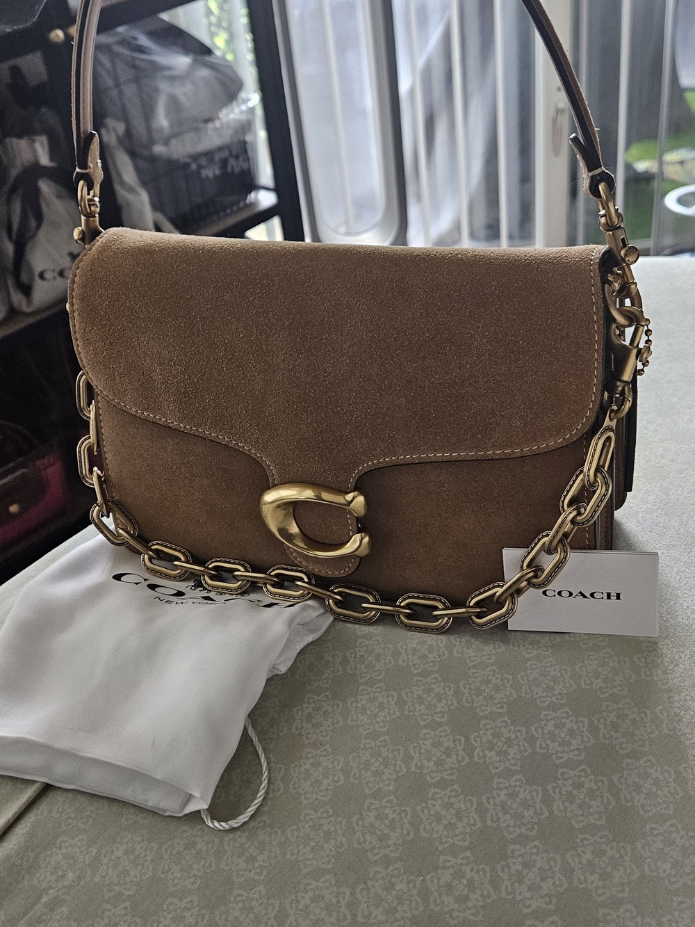 Coach Suede Shoulder Bag with Gold Hardware (Sand)